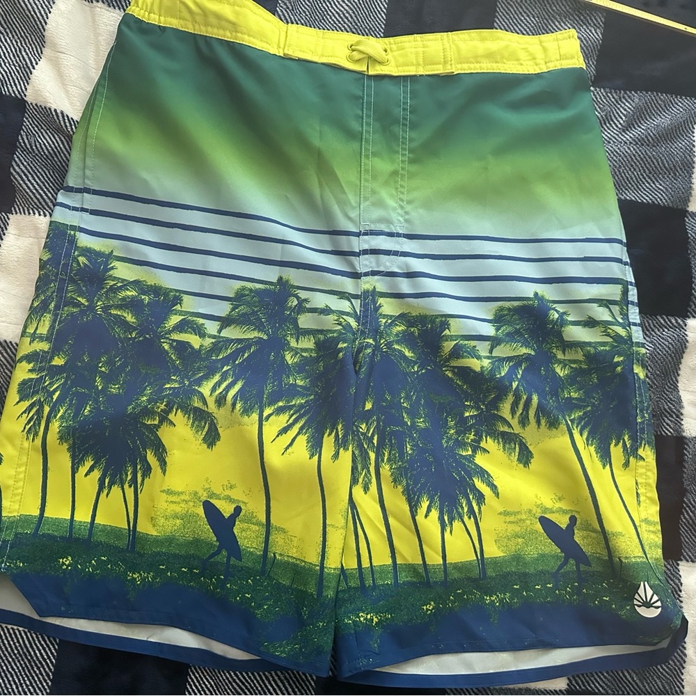 🔥🏝️🏄O'Rageous Boys' Printed Boardshorts Green and Yellow Palm Tree Swim Shorts